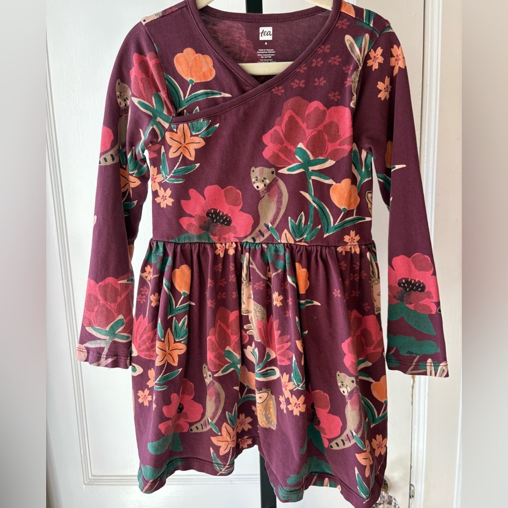 Tea Collection | Burgundy Floral and Forrest Critters Dress | Size 4
